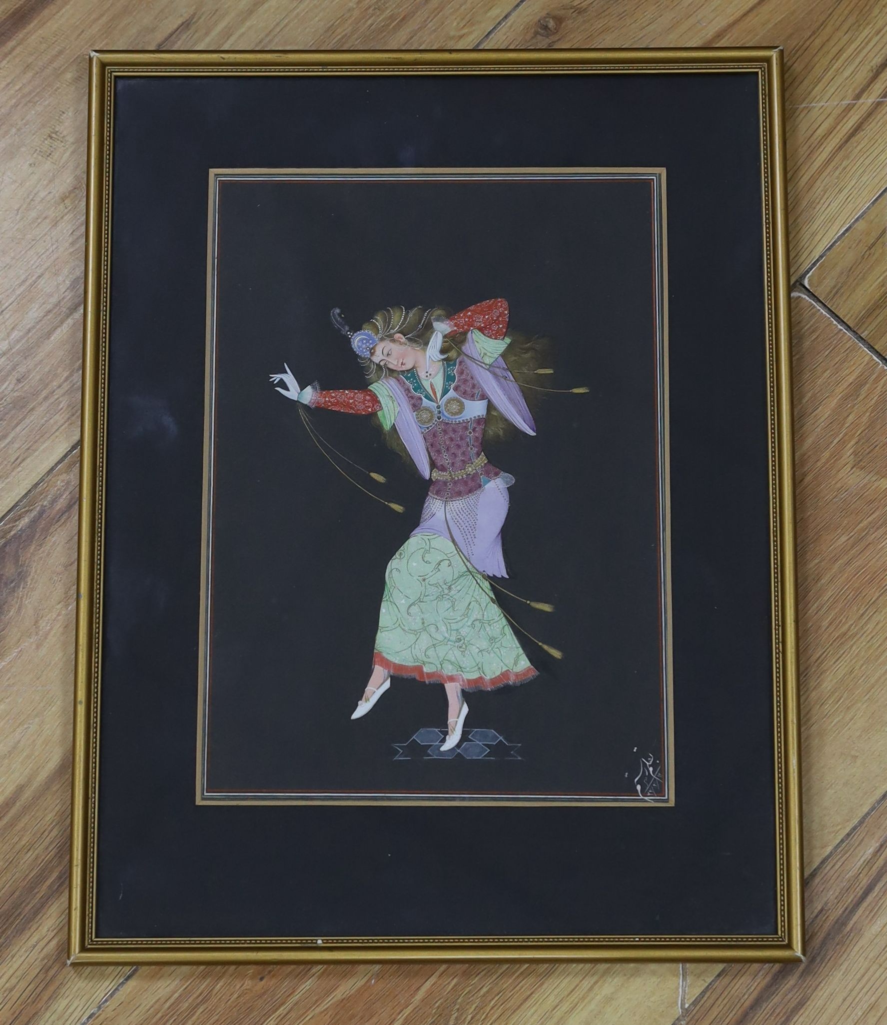 Persian School, gouache on black paper, Study of a dancing girl, signed, 24 x 17cm